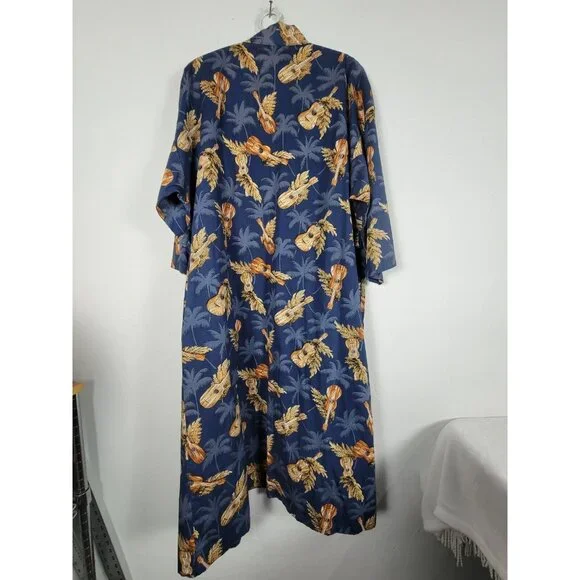 Vintage Kilohana Clothing Co. Hawaiian Kimono Robe Navy Palm & Ukulele Print M/L